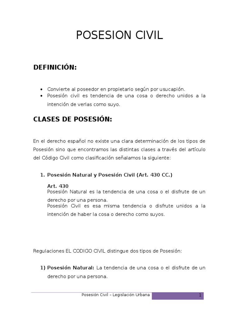 Clases de Posesión Civil y Natural | PDF | Posesión (Ley) | Derecho y ...