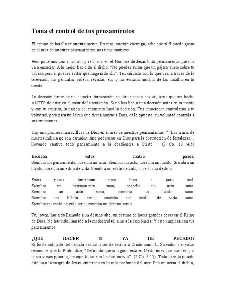 Toma El Control de Tus Pensamientos | PDF | Pecado | Cristo (título)
