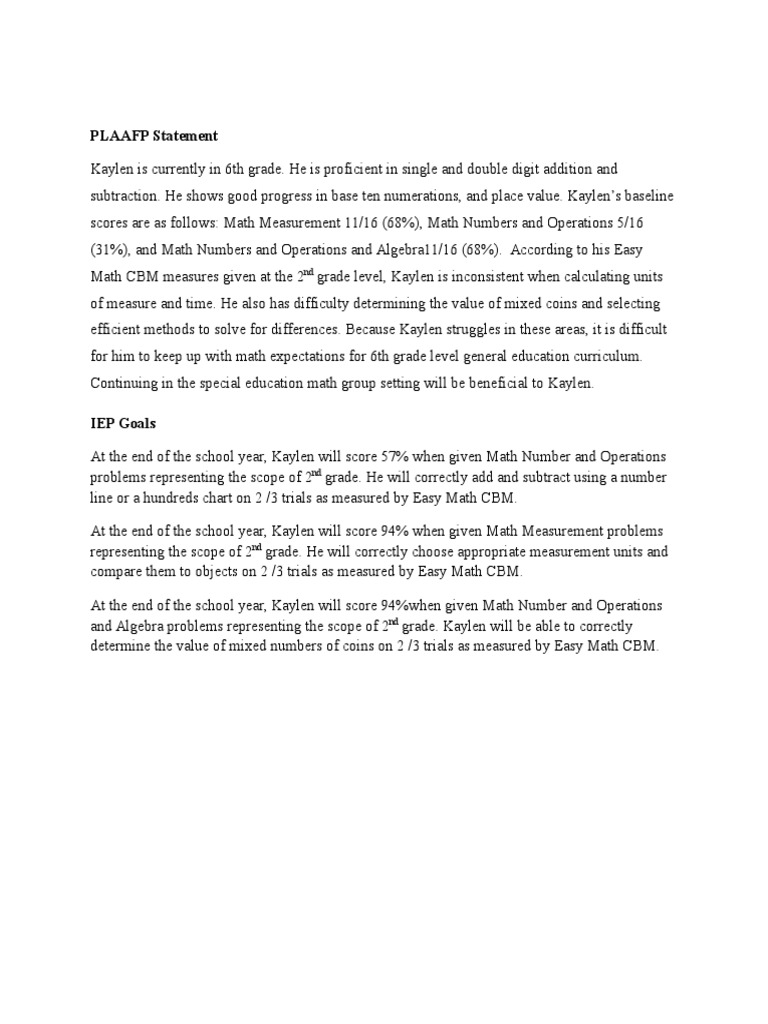 math plaafp statement and iep goals | Subtraction | Physics & Mathematics