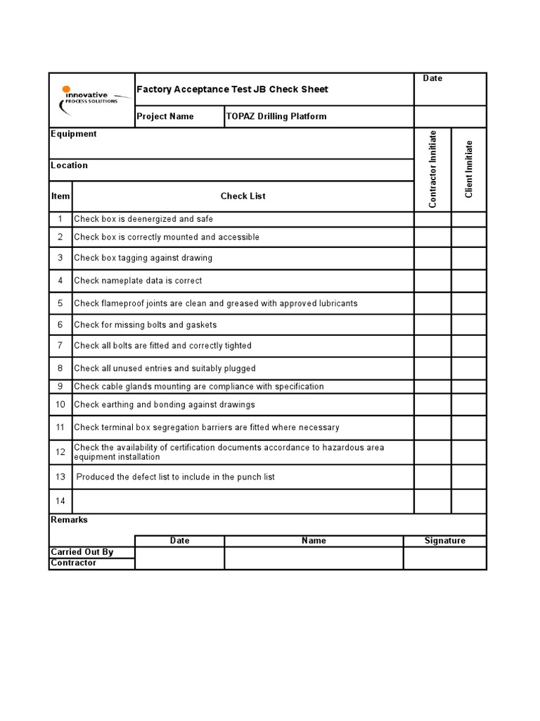 Factory Acceptance Test JB Check Sheet | PDF