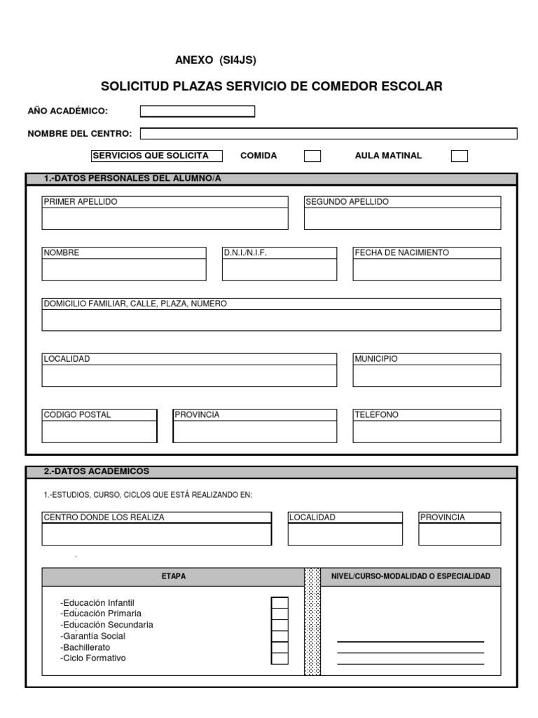 Modelo de Solicitud Beca Comedor 0910 | PDF | Educación Secundaria ...