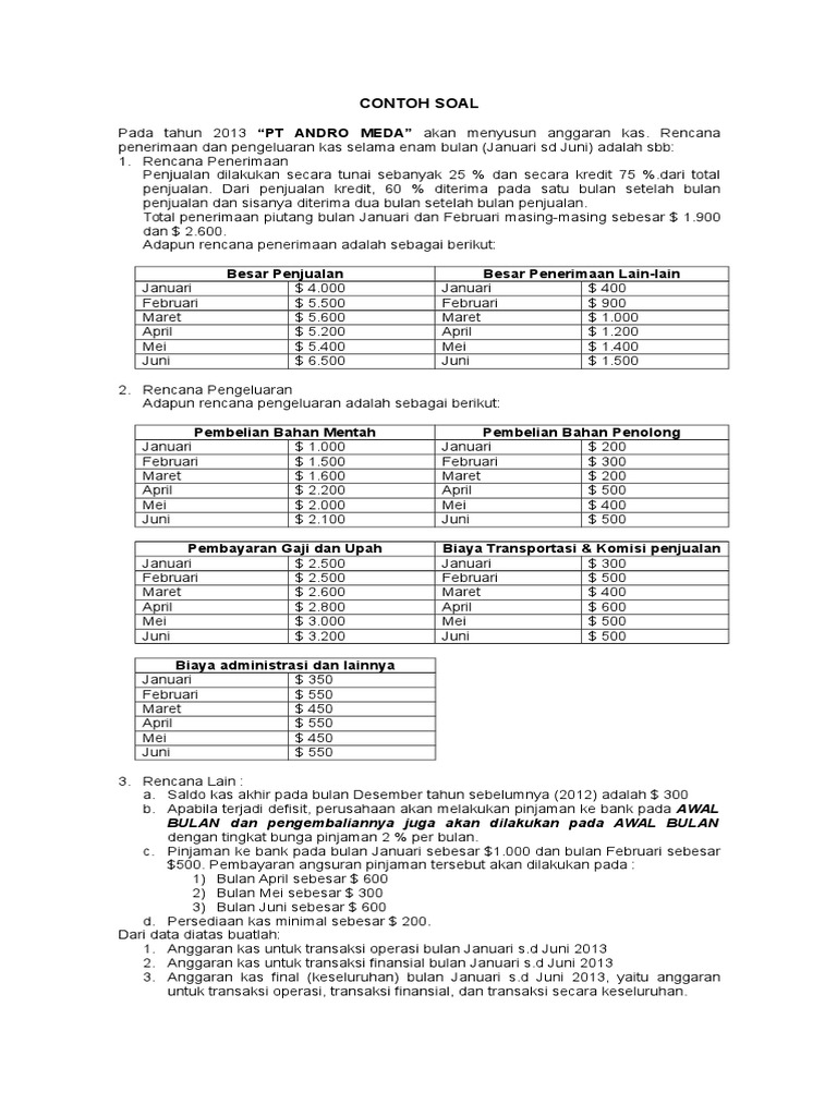 Contoh Soal Anggaran Kas