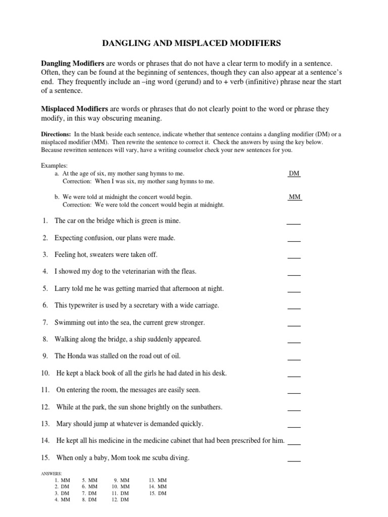 Worksheets Misplaced Modifiers Worksheet self test for dangling and misplaced modifiers syntax style fiction