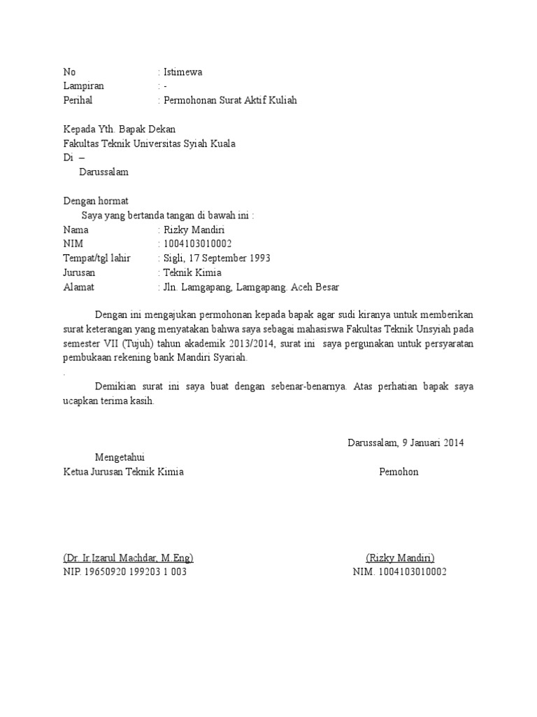 Surat Aktif Kuliah Contoh