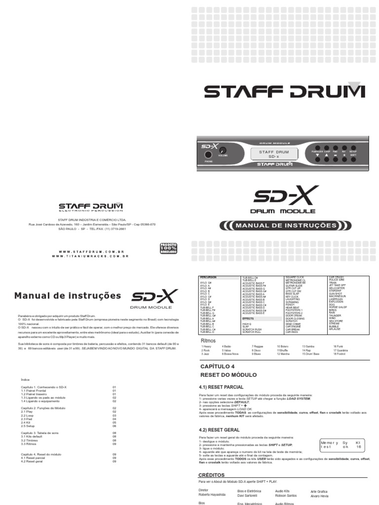 Manual de instruções do módulo de bateria digital Staff Drum SDX PDF