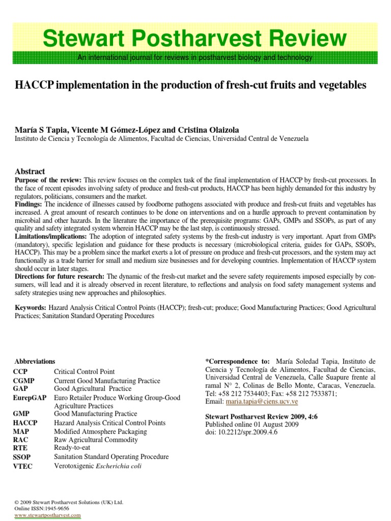 4HACCP Implementation in The Production of FreshCut Fruits and