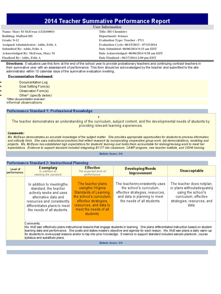 2014 Teacher Performance Evaluation Report | PDF | Differentiated ...