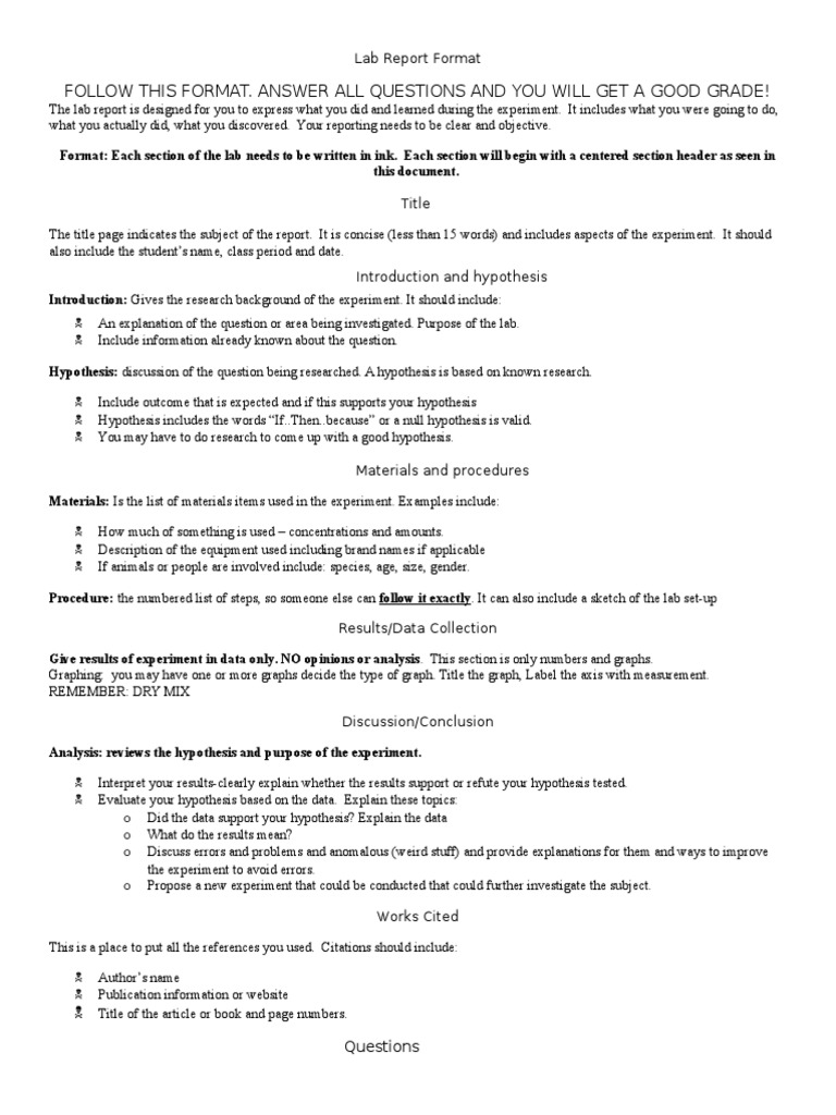 lab report format Experiment Hypothesis