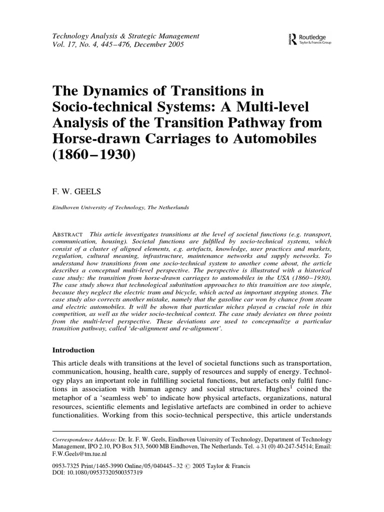 Geels (2005) The Dynamics of Transitions in Sociotechnical Systems ...