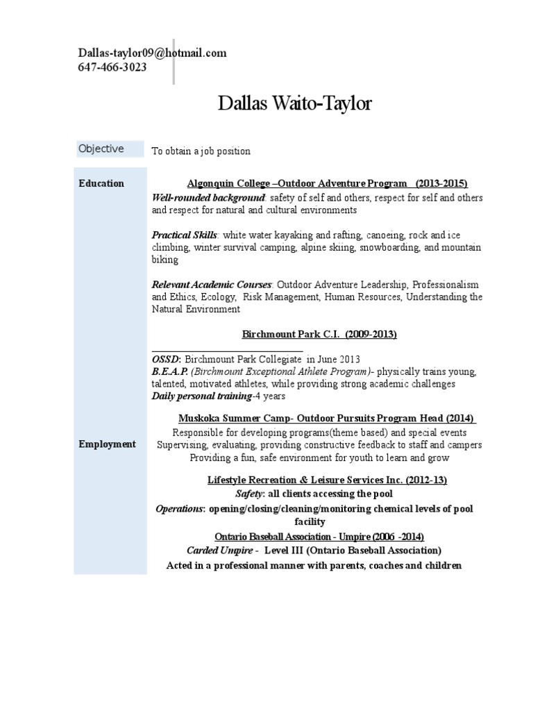Dallas 2015 Resume Portfolio Camping Scouting