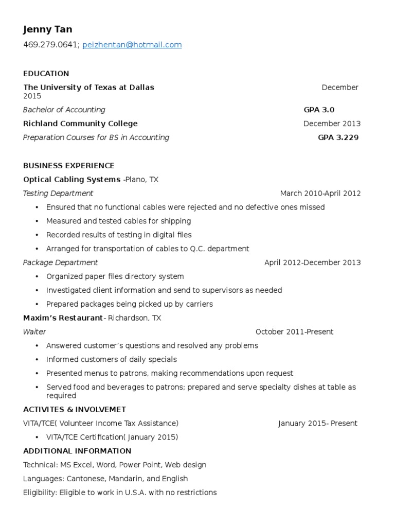 Jenny Tan - Accounting Graduate Resume | PDF