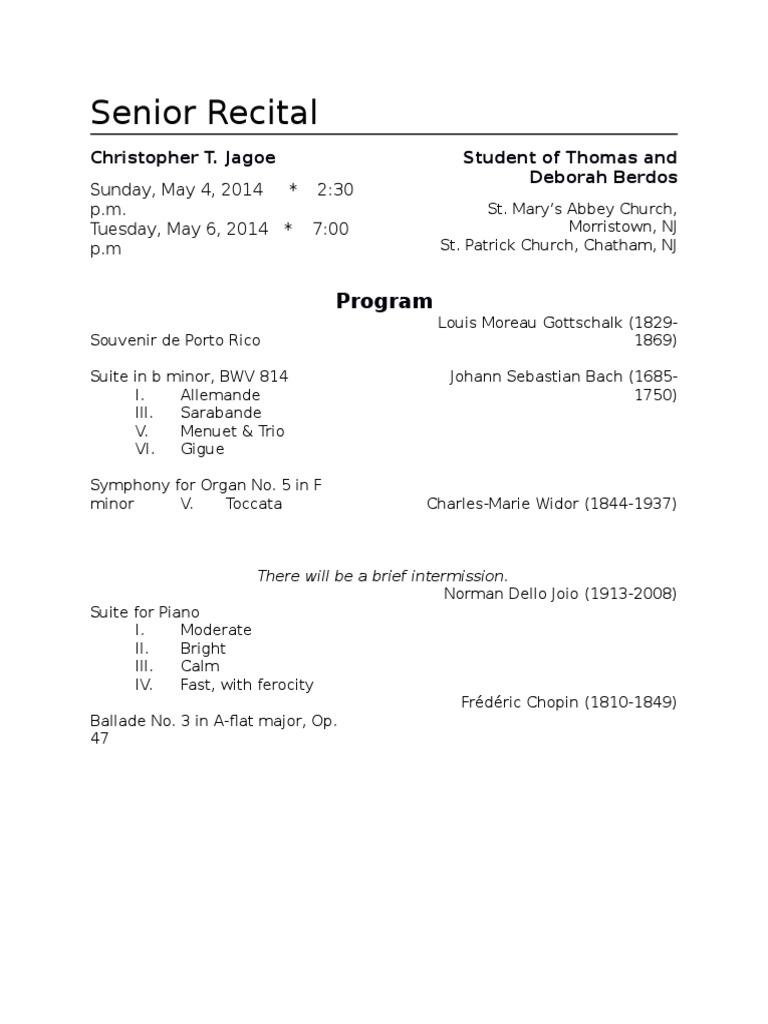 Senior Recital Program for Christopher Jagoe | PDF