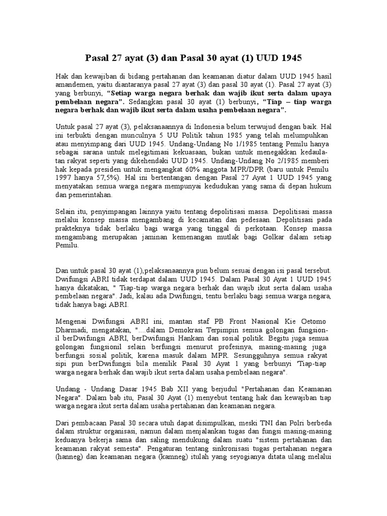 Pasal 27 Ayat 3 Dan Pasal 30 Ayat 1 UUD 1945 PDF Politik