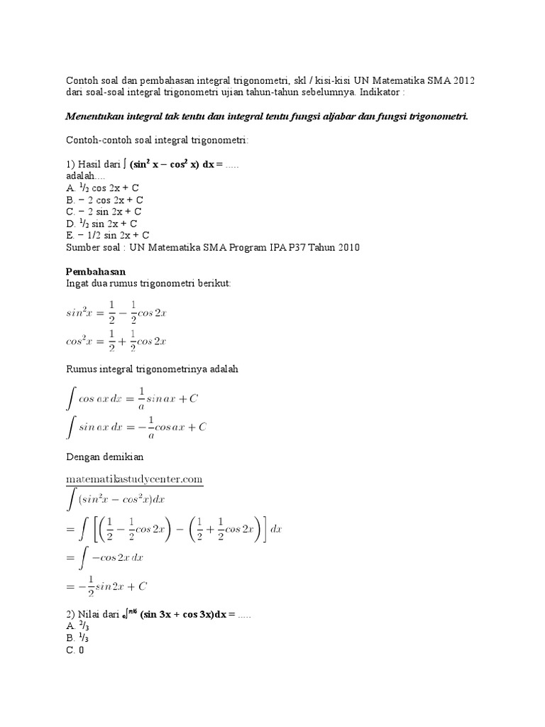 Contoh Soal Matematika Sma Materi Integral Dan Pembahasanpdf