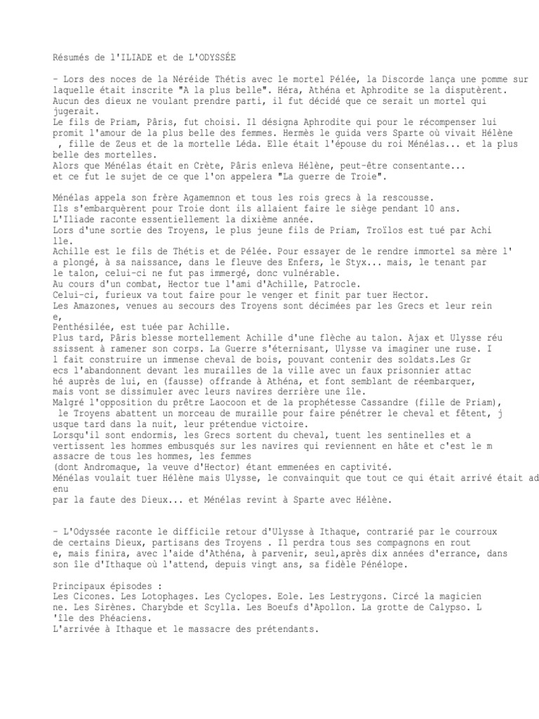L Iliade Et L Odyssée Résumé Court