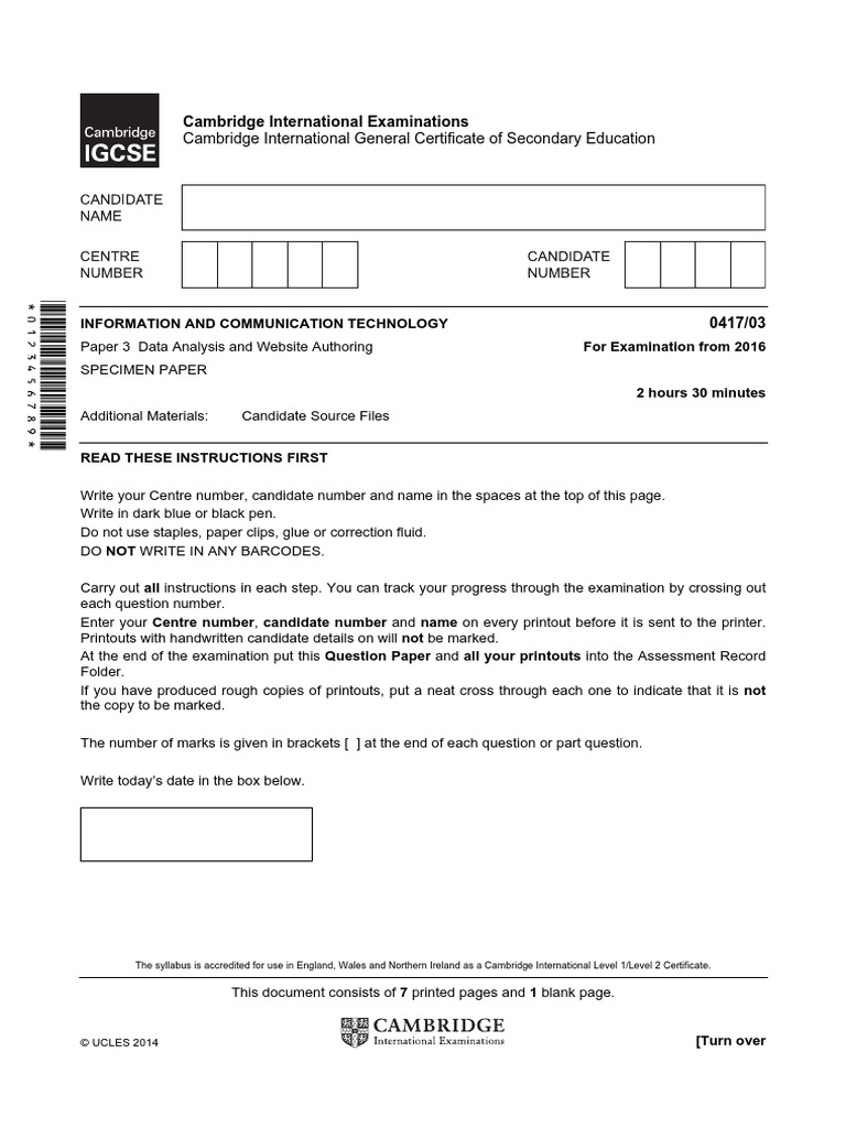 2016 Specimen Paper 3 PDF PDF  Page Spreadsheet