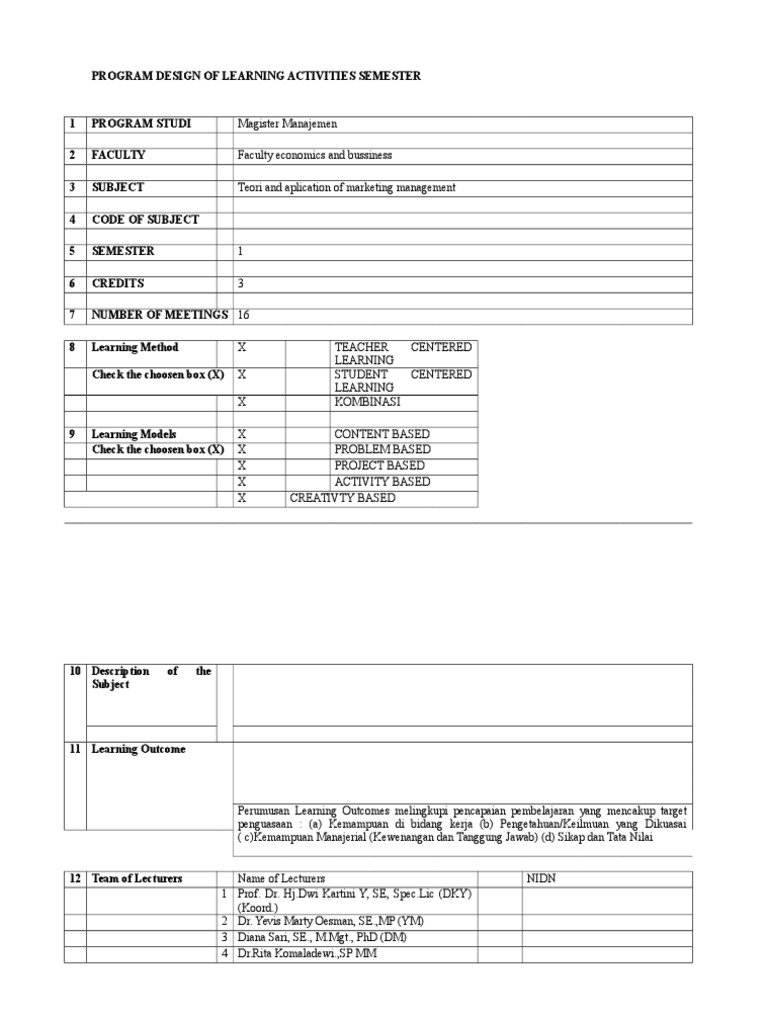 Program Design of Learning Activities Semester | PDF | Marketing ...