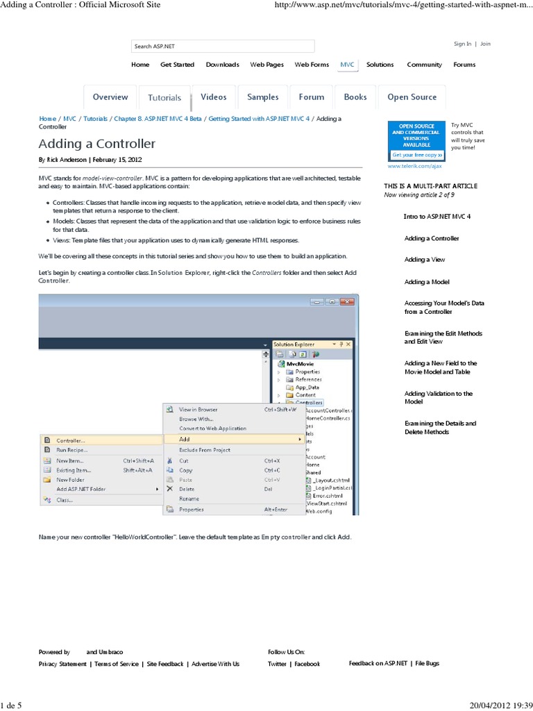 Adding a Controller in ASP.NET MVC 4 | PDF | Model–View–Controller ...