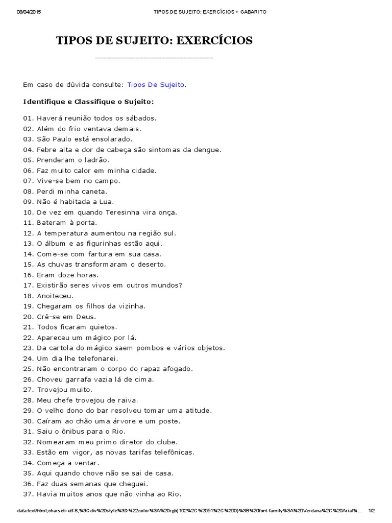 Exercícios de Tipos de Sujeito com Gabarito | PDF