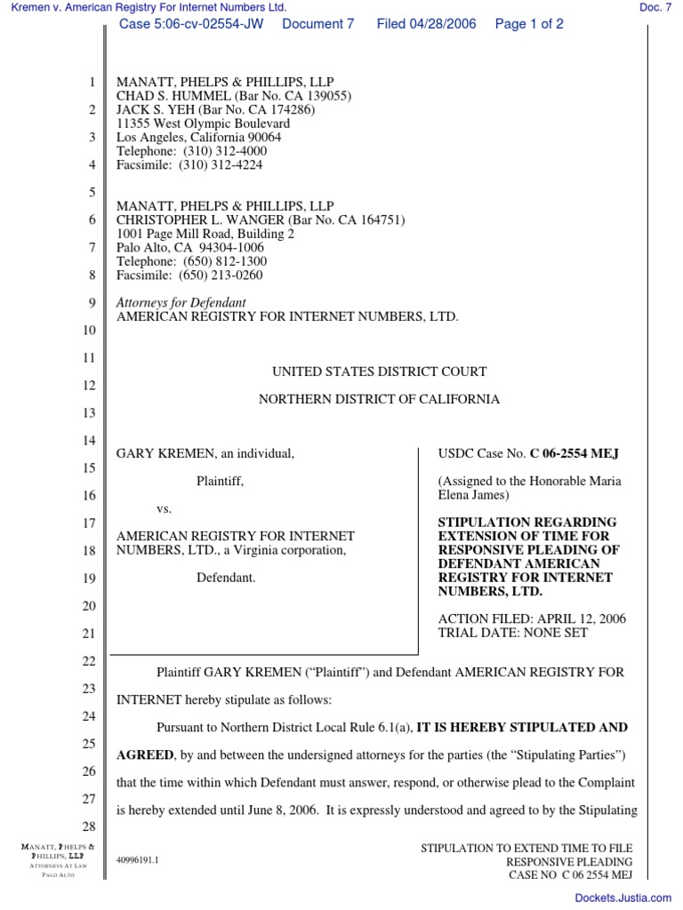 Stipulation to Extend Pleading Deadline | PDF | Pleading | Complaint