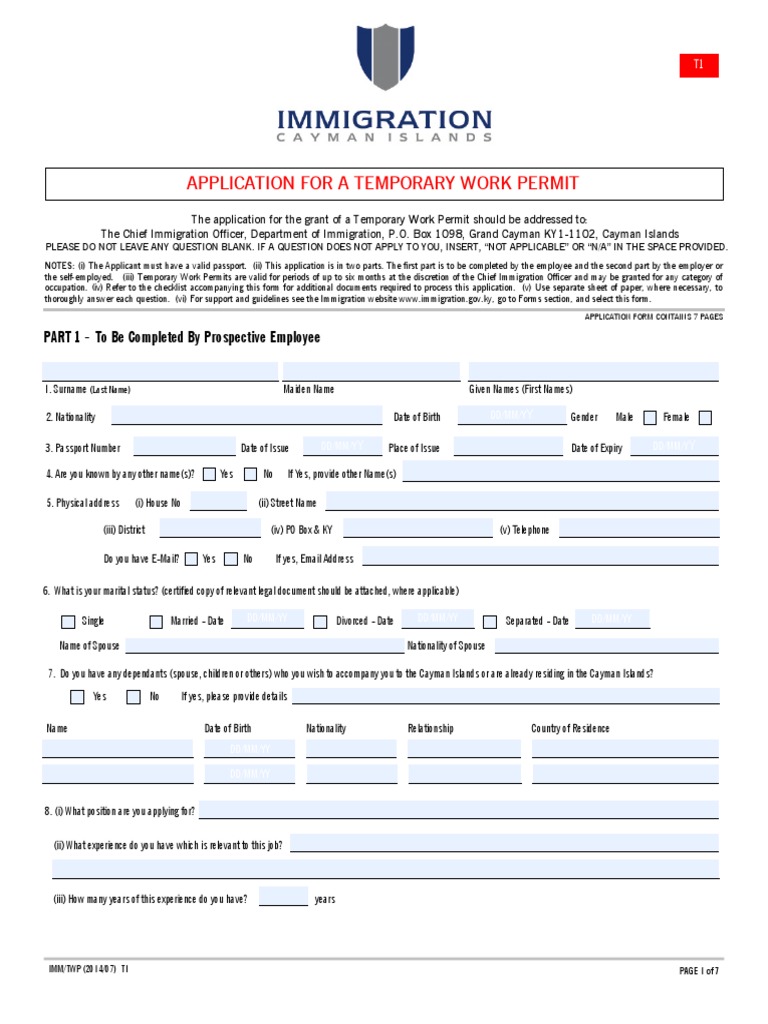 Cayman Islands Temporary Work Permit Form | PDF | Passport | Temporary Work
