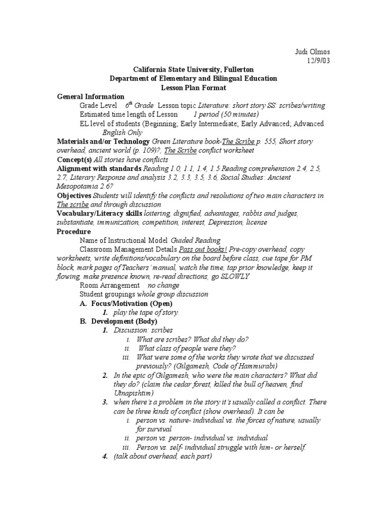 The Scribe: Lesson Plan for 6th Grade | PDF | Language Arts & Discipline
