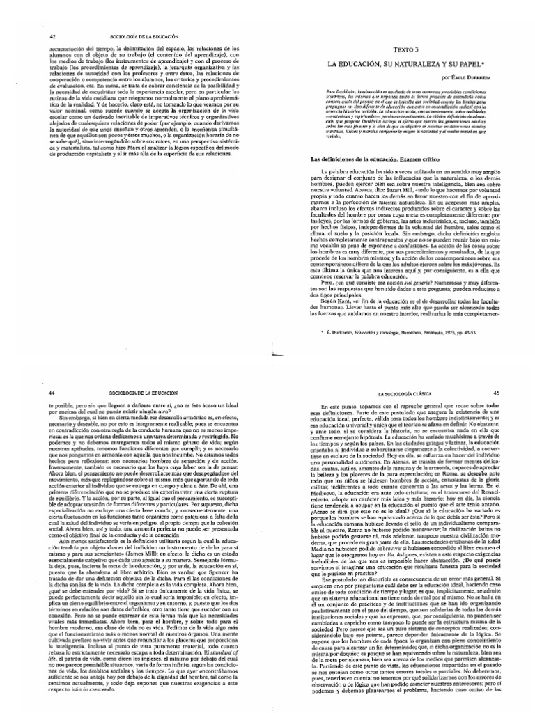 Émile Durkheim La Educación, Su Naturaleza y Su Papel