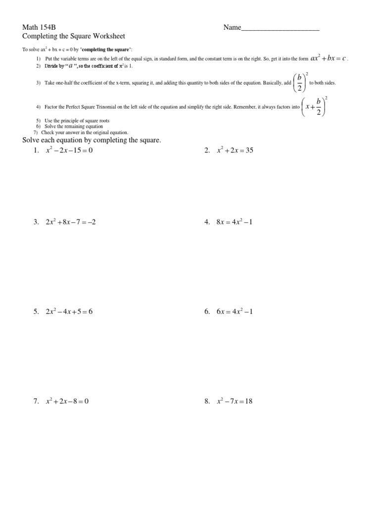 Math 154b Completing The Square Worksheet Answers