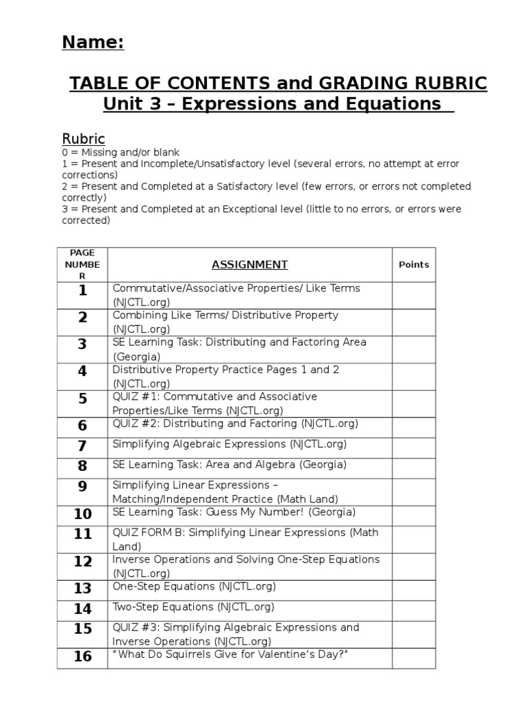 student version of toc rubric(ee) Inequality (Mathematics) Equations