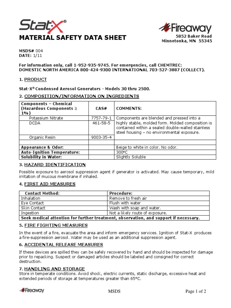 MSDS StatX 1 11 Datasheet | PDF | Chemistry | Chemicals