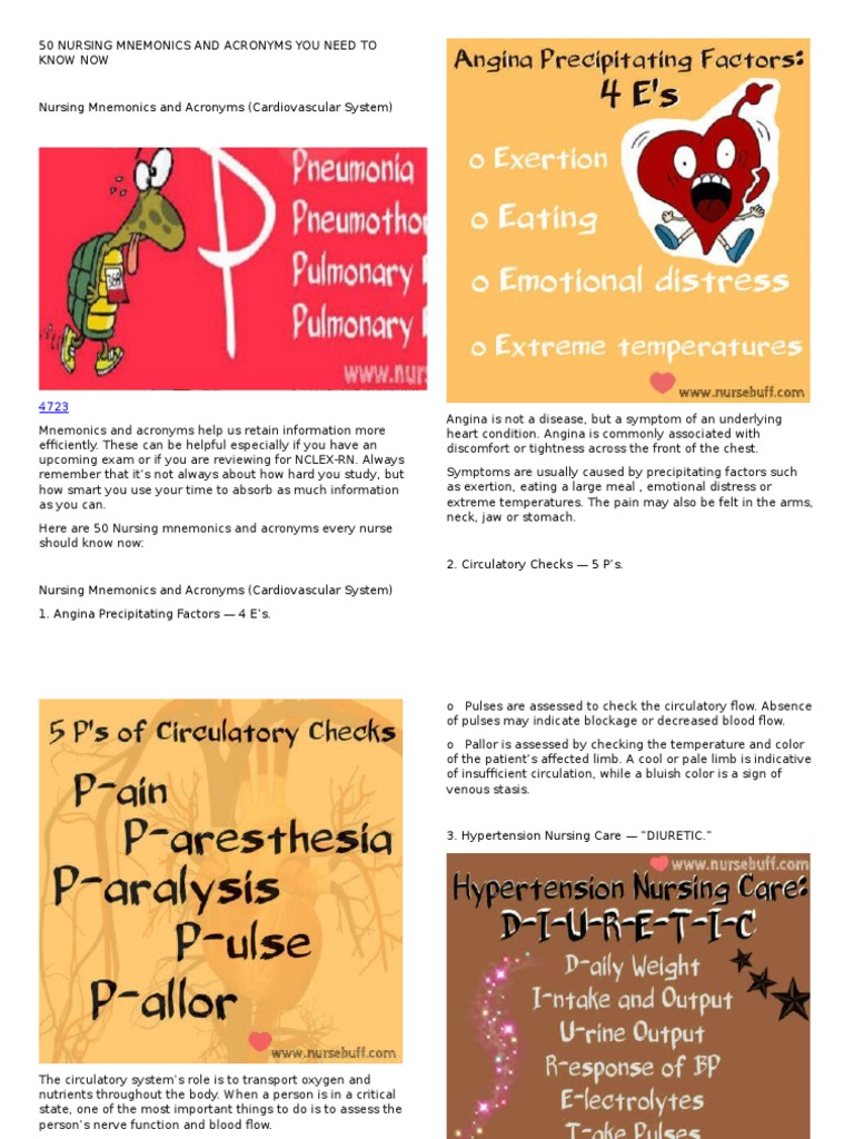 50 Nursing Mnemonics and Acronyms You Need To Know Now | PDF | Ischemia |  Heart
