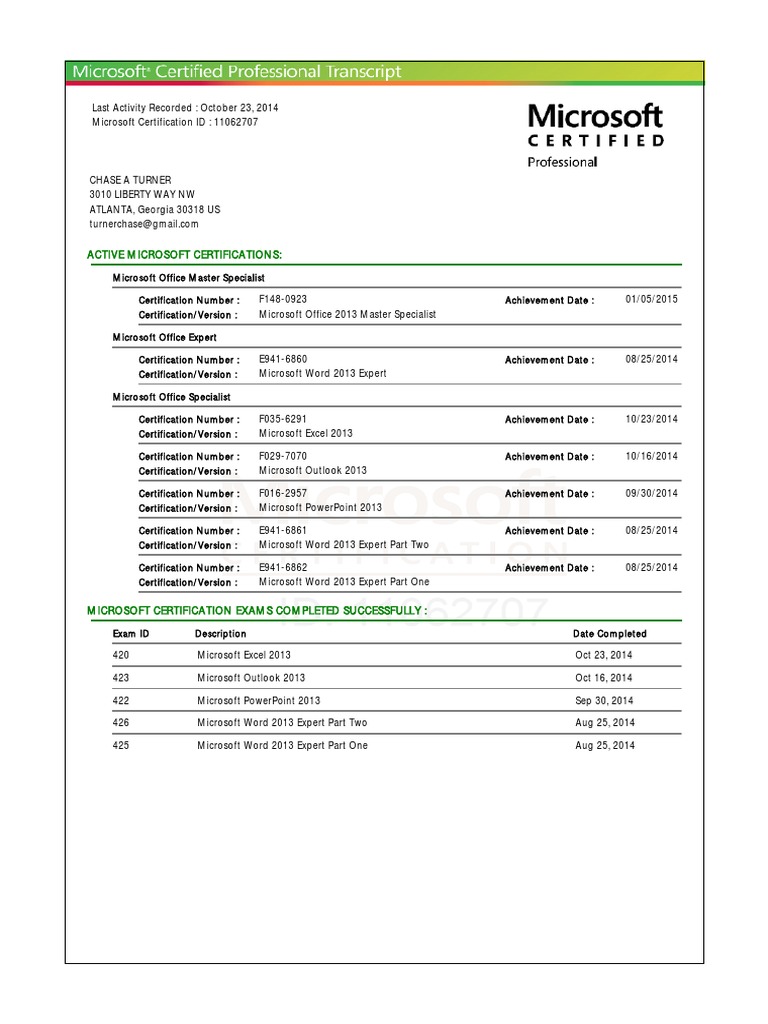 Microsoft Office Master Specialist Certification | PDF | Career ...