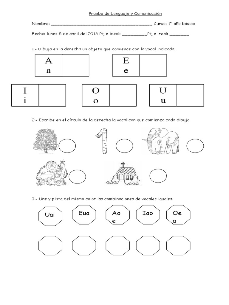 Prueba de Vocales para Primer Grado | PDF | Artes del Lenguaje y ...