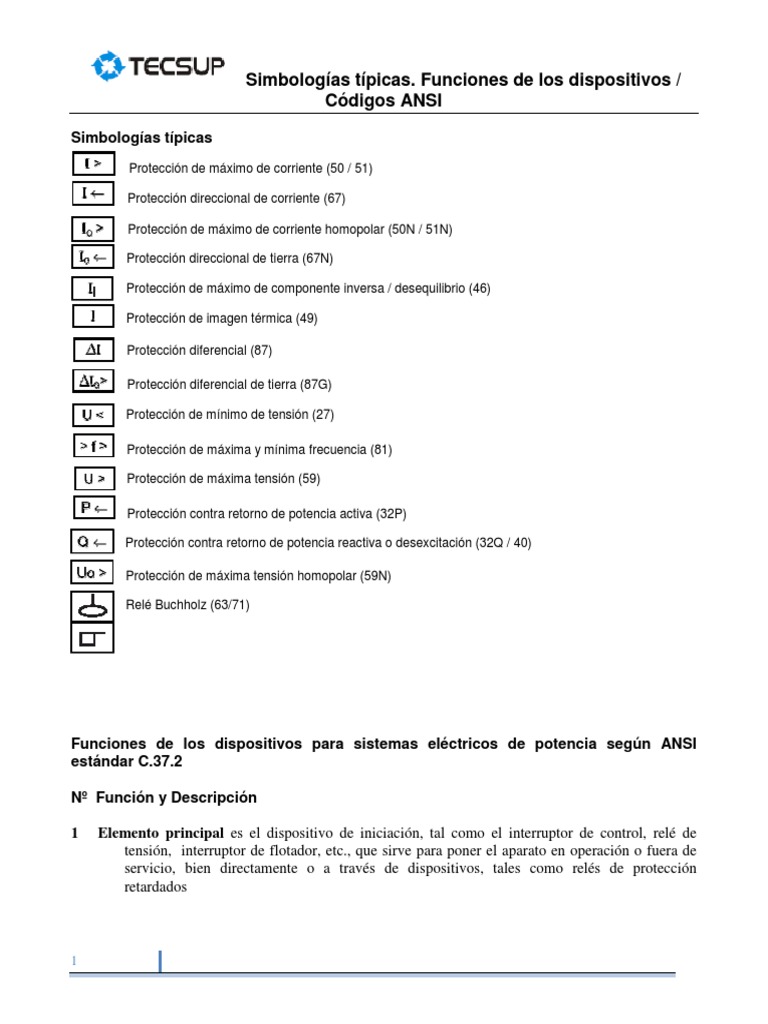 Simbologia de Protecciones ANSI PDF PDF Relé Energia electrica