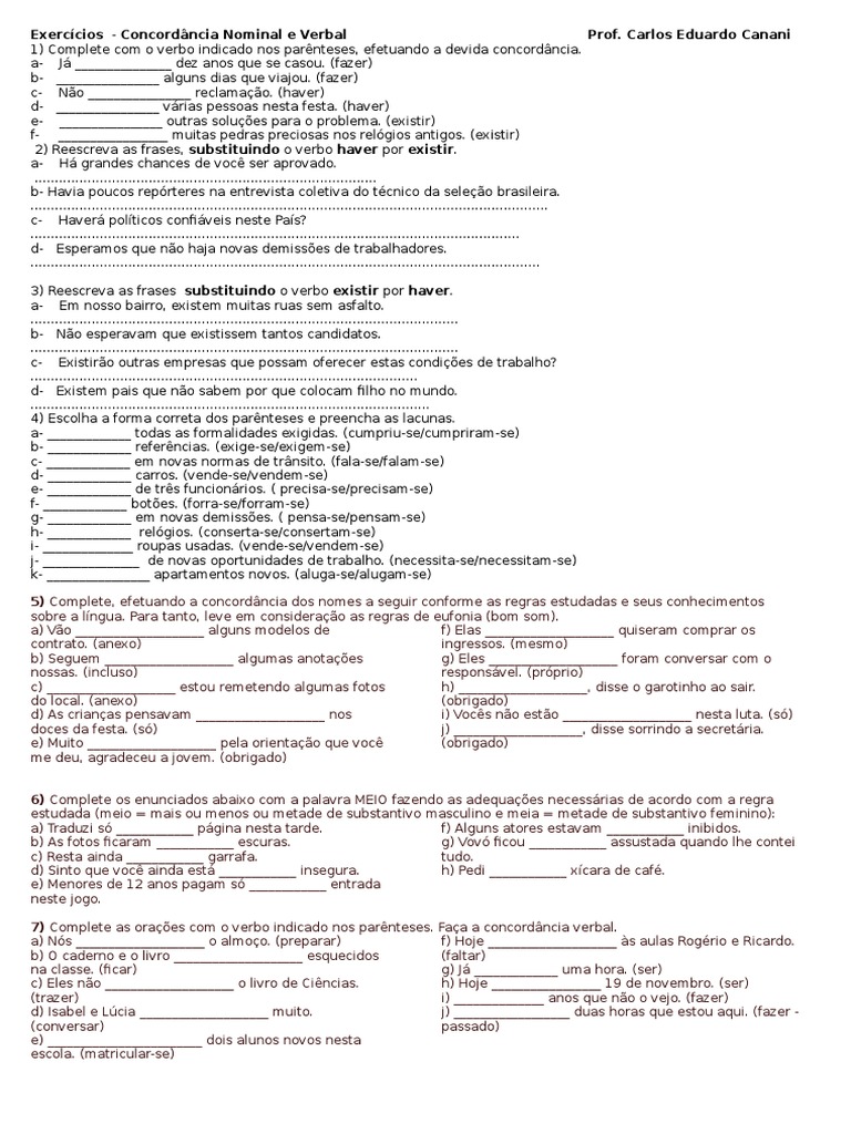 Exercícios - Concordancia Verbal | PDF | Idiomas