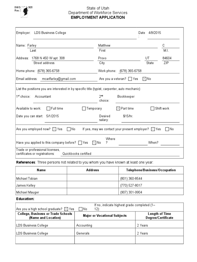 Employment Application: State of Utah Department of Workforce Services ...