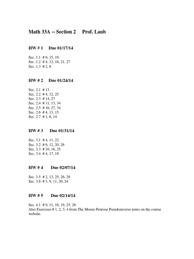 Math 33A - Section 2 Prof. Laub: HW # 1 Due 01/17/14 | PDF | Teaching ...