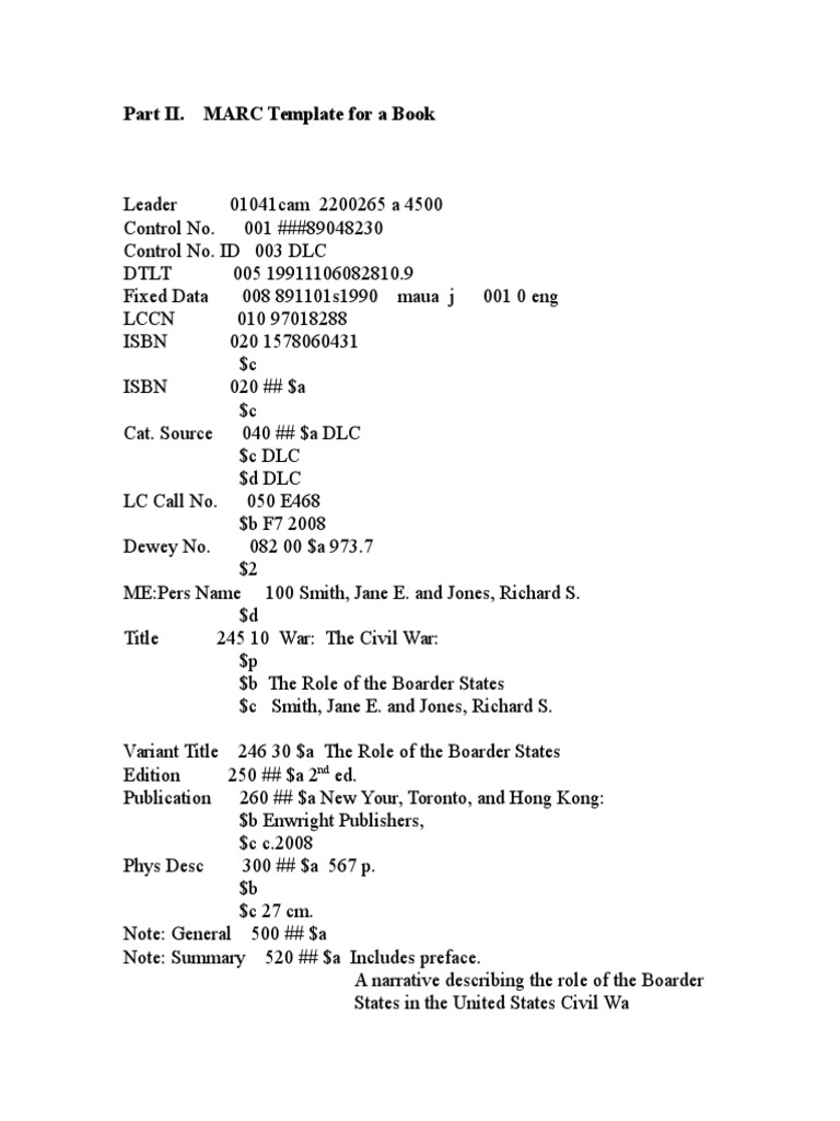 MARC Template for Civil War Book | PDF