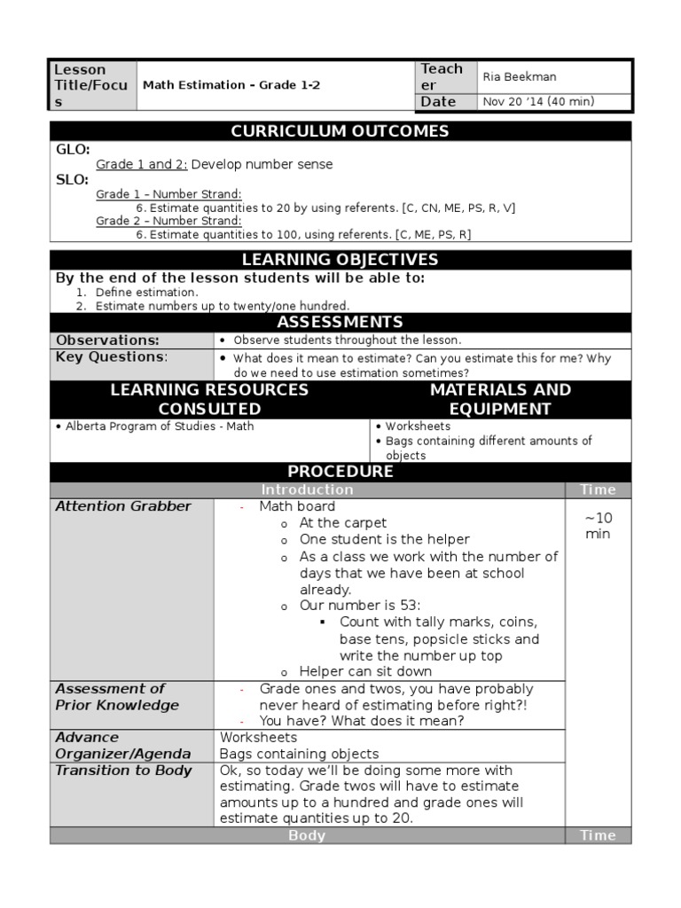 Grade 1-2 Math Estimation Lesson Plan | PDF | Understanding ...