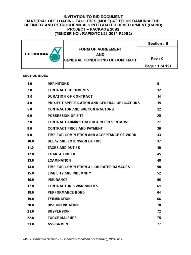 General condition of contract specification technical standard