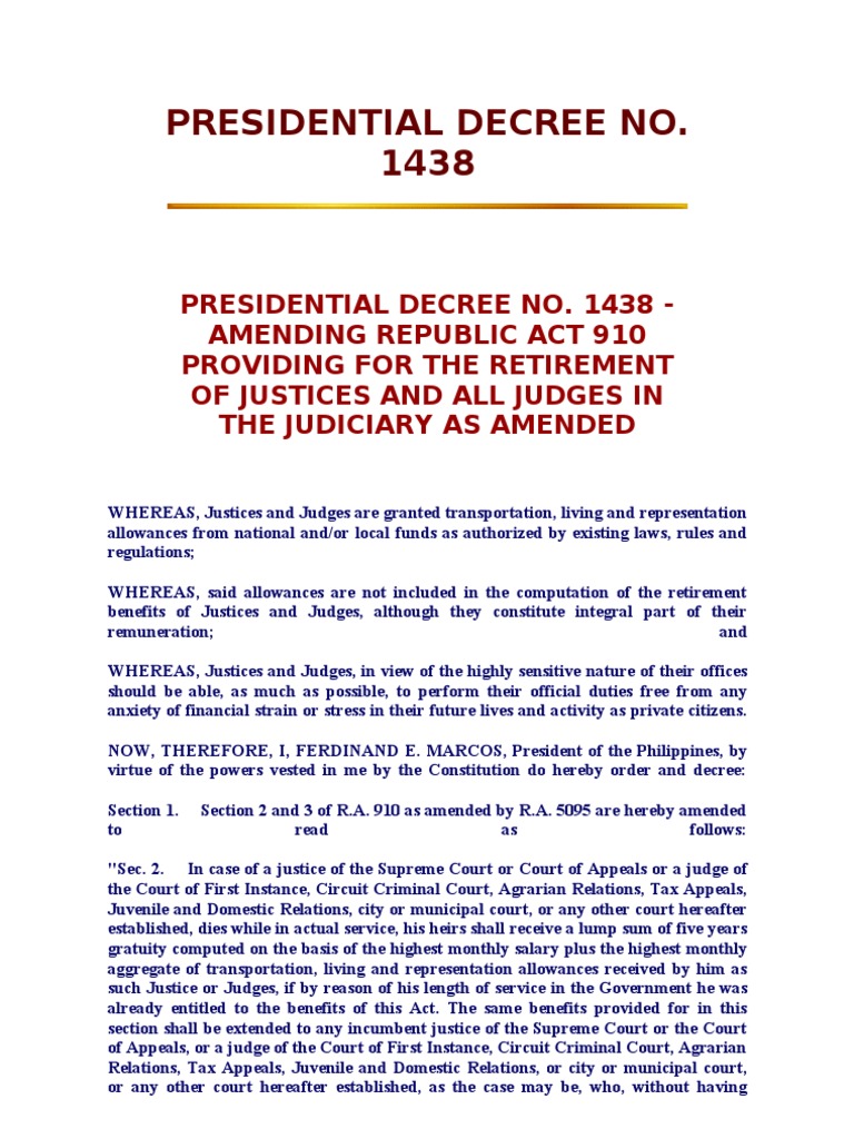 Presidential Decree No. 1438 | PDF | Judge | Retirement