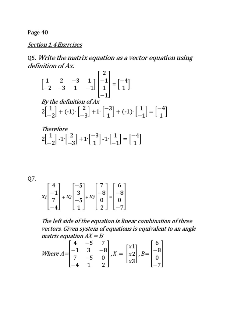 Write The Matrix Equation As A Vector Equation Using Definition of Ax | PDF