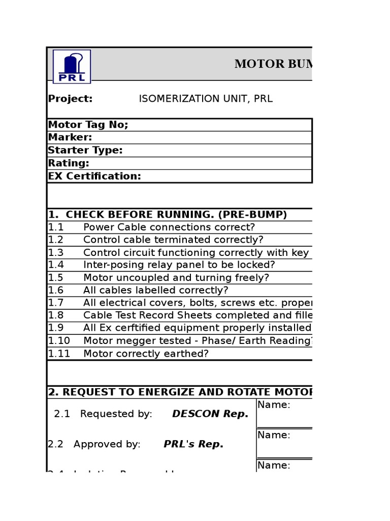 Motor Bump Test Record Sheet Project Motor Tag No Marker Starter