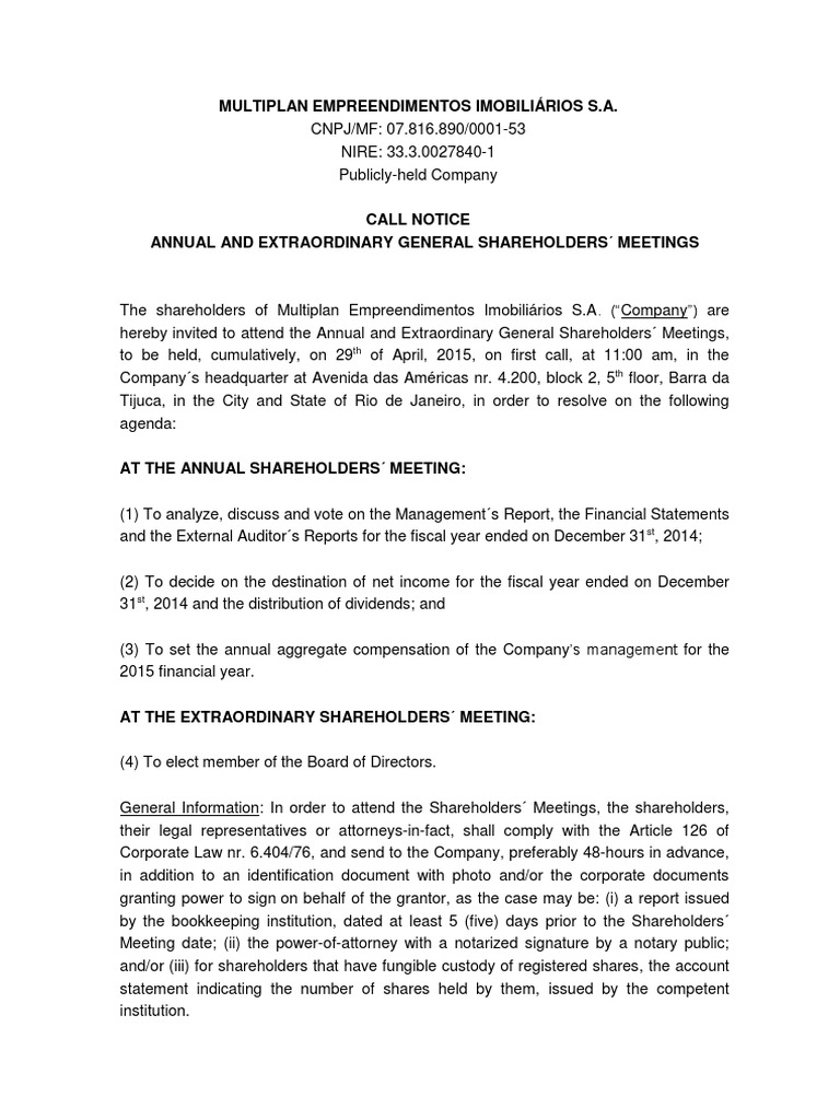 Call Notice General Extraordinary Shareholders? Meeting | PDF