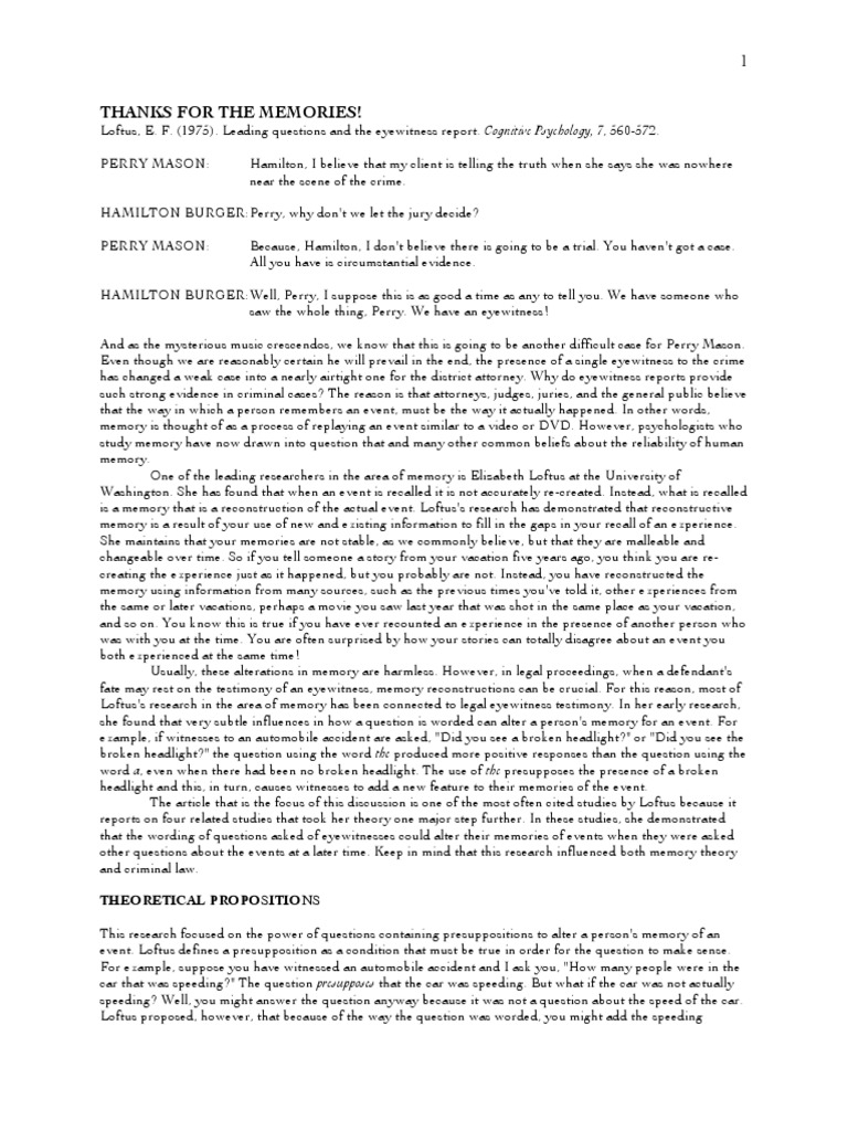 loftus study Witness Memory