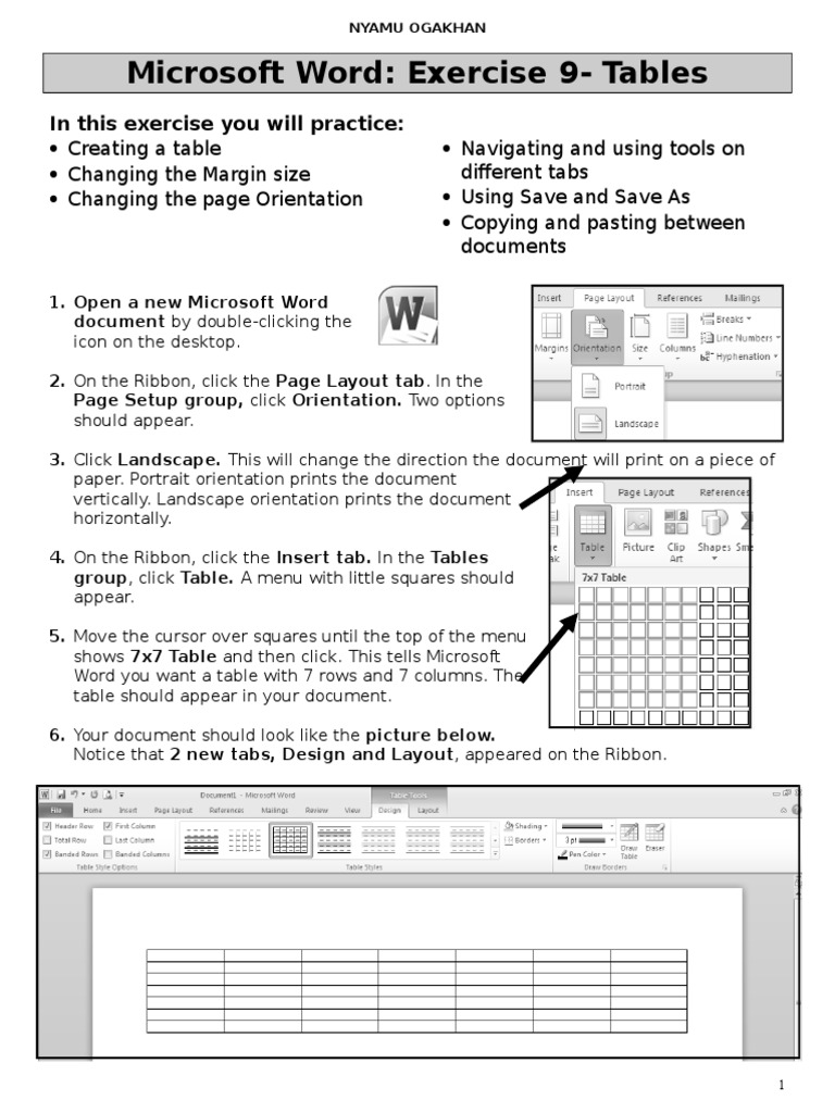 Word Exercise 9 Tables Icon Tab (Gui)