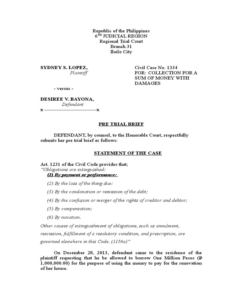 Defendant's Pre-Trial Brief for Case 1334 | PDF | Brief (Law) | Lawsuit