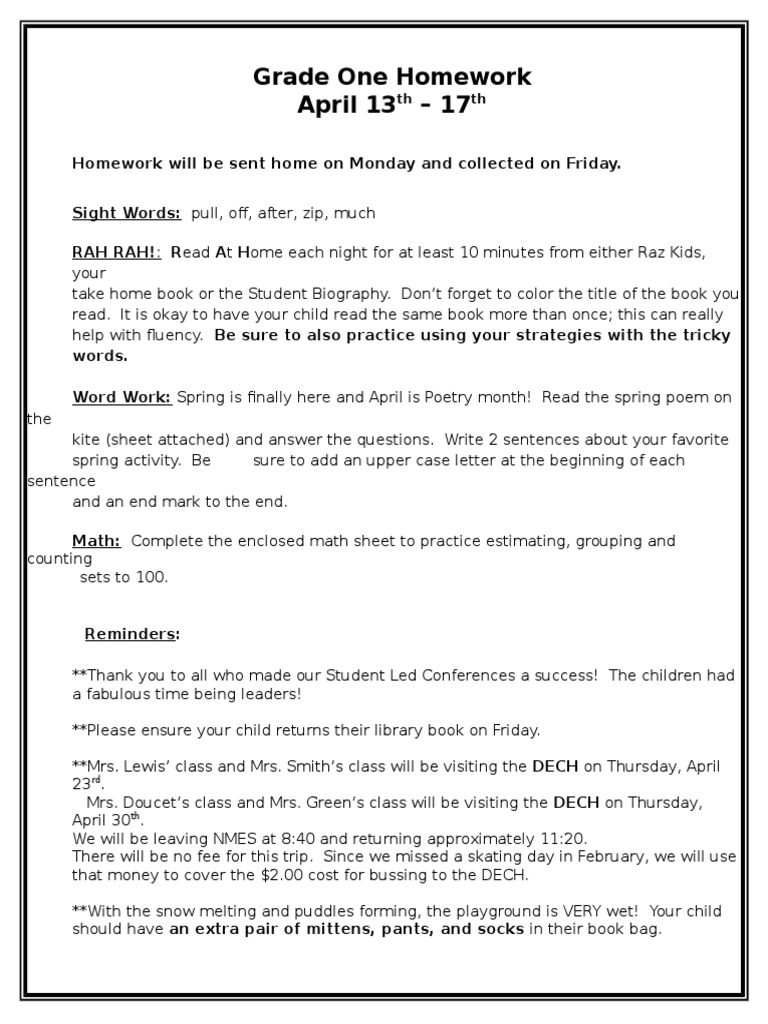 Grade 1 Homework: April 13-17 | PDF