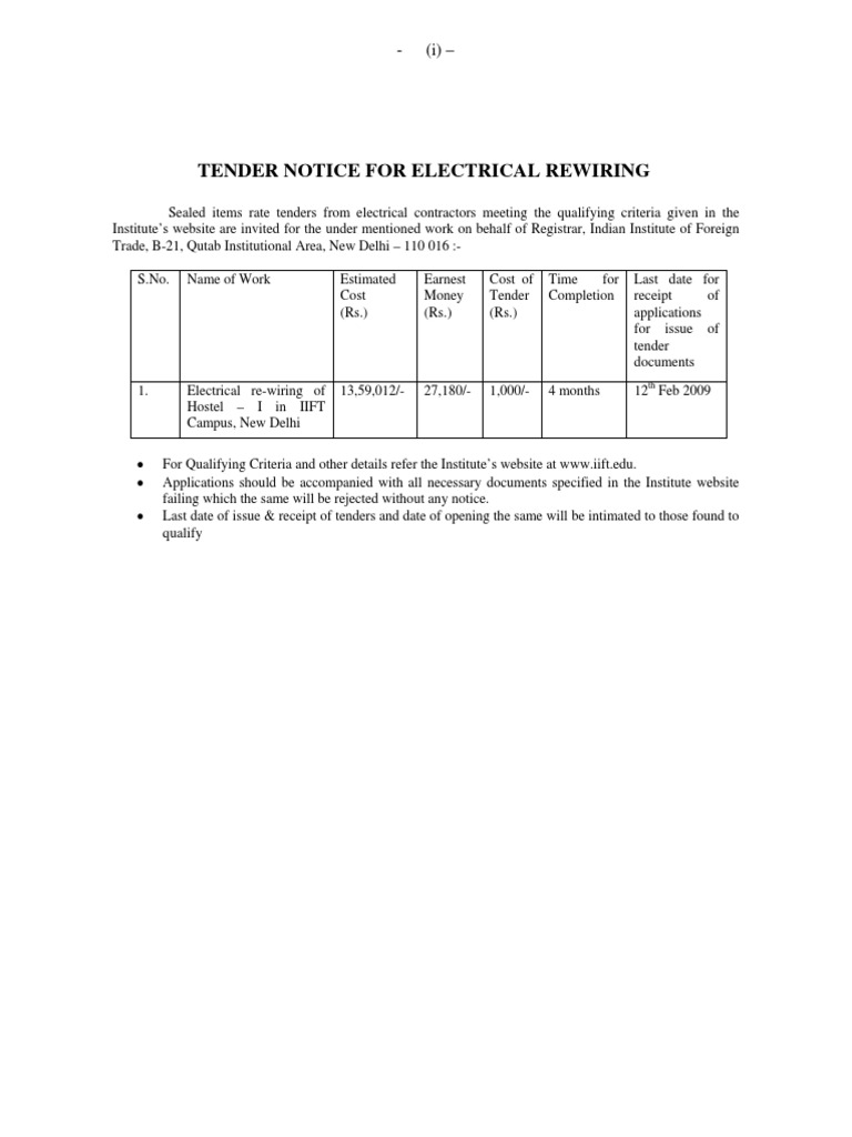 IIFT Electrical Rewiring Tender Notice | PDF | Taxation | Government ...
