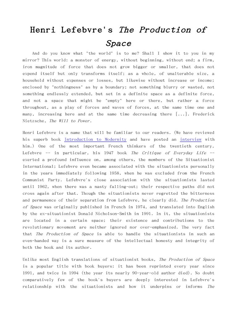 Henri Lefebvre's The Production of Space PDF Situationist